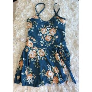 NWOT Floral One-Piece Swim Dress Teal & Peach Rose Skirted Swimsuit Size Medium